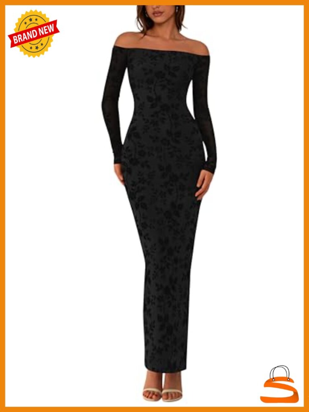 Womens Off Shoulder Floral Mesh Bodycon Maxi Dress Long Sleeve